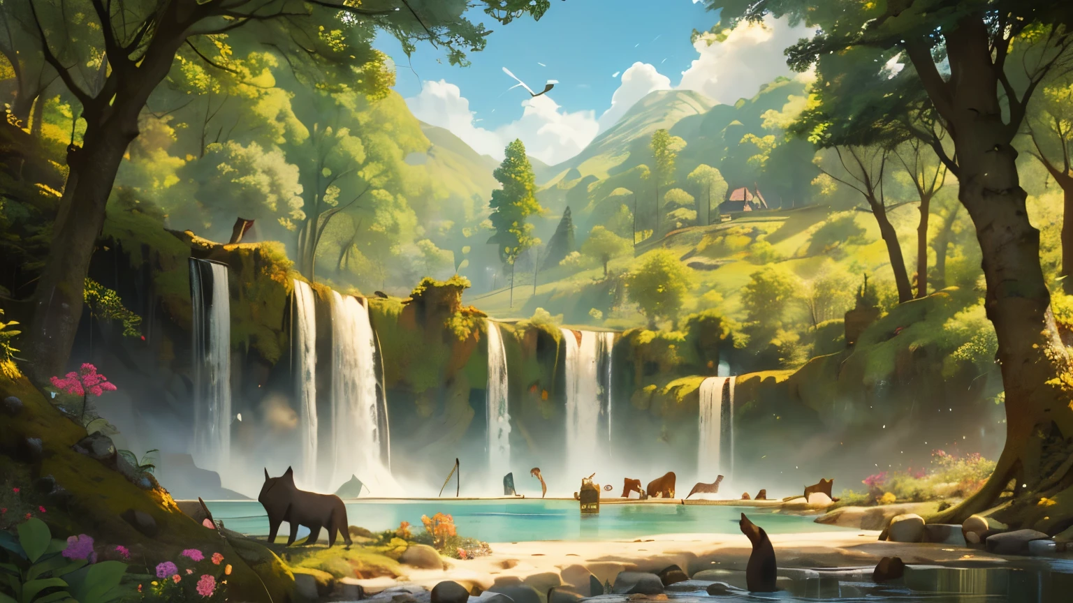 ultra-detailed,(realistic, photorealistic, photo-realistic:1.37), deep forest full of ((animals)), animal, flowers, view from afar, trees, waterfalls, fantasy, heaven scene