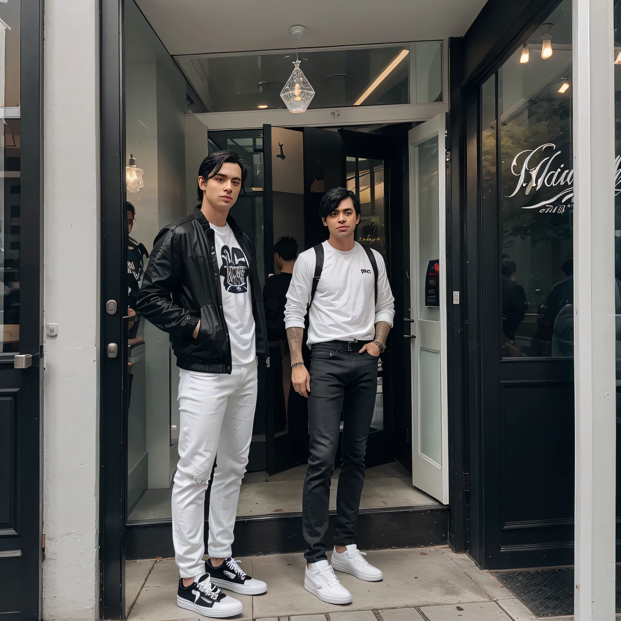 A white man with black hair wearing black jeans, a black shirt and a white jacket is wearing white shoes and they are standing in front of a restaurant with glass decorations.