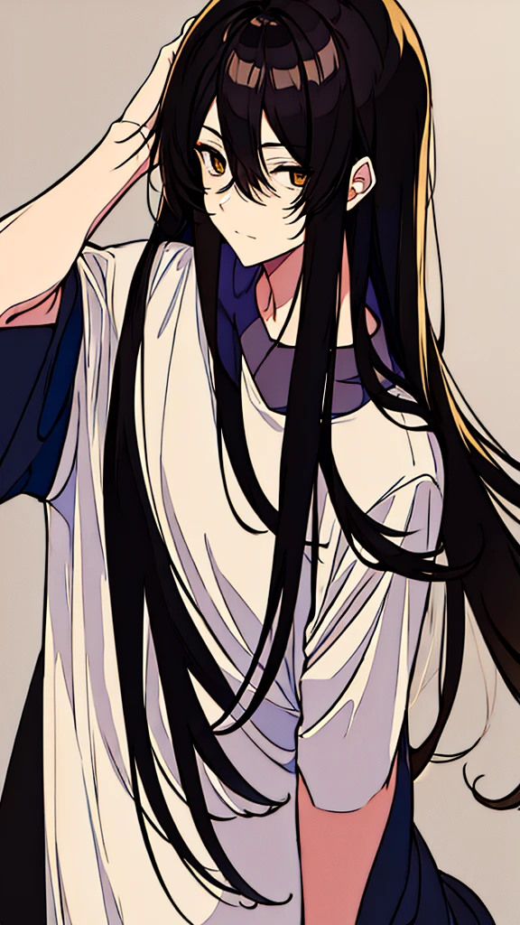 Anime boy with brown eyes, long black hair