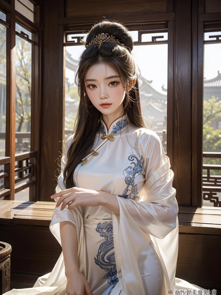 High quality, half body, inside an ancient Chinese building, a Chinese woman, her hair turns into countless slender white snakes, like an Eastern version of Medusa, with a beautiful face, pale complexion, and shy expression, she is wearing silk in ancient China Traditional costumes, gorgeous and noble, high quality.
