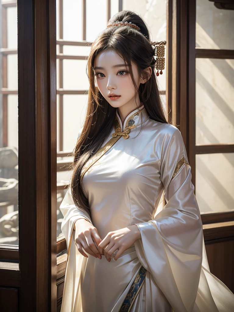 High quality, half body, inside an ancient Chinese building, a Chinese woman, her hair turns into countless slender white snakes, like an Eastern version of Medusa, with a beautiful face, pale complexion, and shy expression, she is wearing silk in ancient China Traditional costumes, gorgeous and noble, high quality.