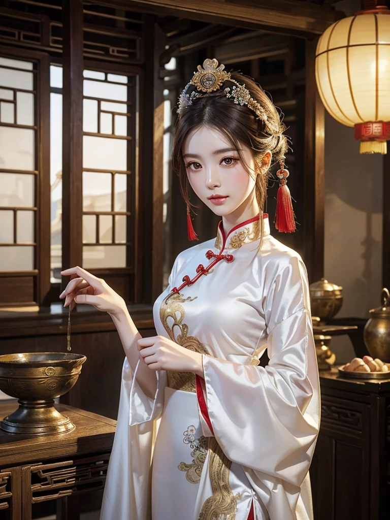 High quality, half body, inside an ancient Chinese building, a Chinese woman, her hair turns into countless slender white snakes, like an Eastern version of Medusa, with a beautiful face, pale complexion, and shy expression, she is wearing silk in ancient China Traditional costumes, gorgeous and noble, high quality.