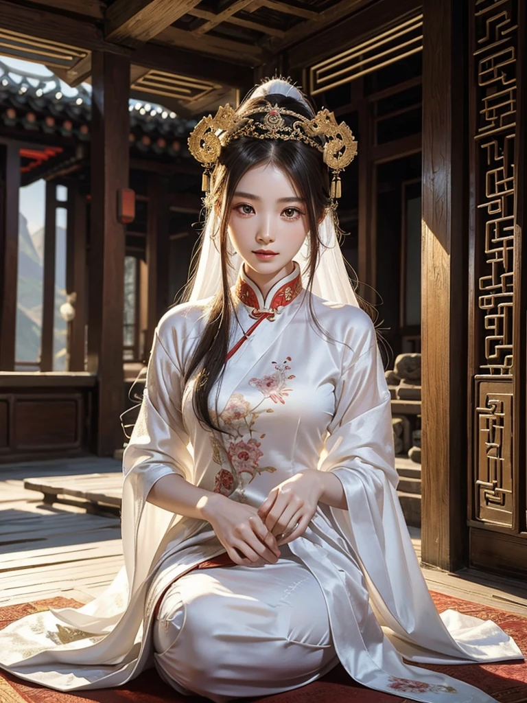 High quality, half body, inside an ancient Chinese building, a Chinese woman, her hair turns into countless slender white snakes, like an Eastern version of Medusa, with a beautiful face, pale complexion, and shy expression, she is wearing silk in ancient China Traditional costumes, gorgeous and noble, high quality.