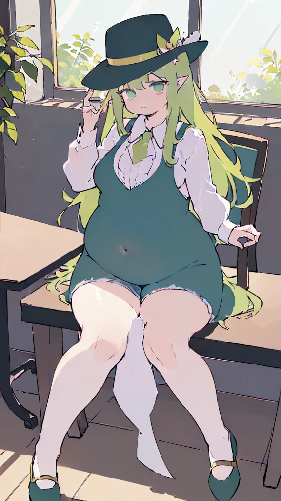 (flat:1.5),(cafe, window, sunlight, table, chair, sedentary:1.5) (big ass, thick thighs:0.7), (warm light source:1.2), intricate details, volumetric lighting, Realism BREAK(masterpiece:1.2), (top quality), 4K, ultra detail, (Dynamic configuration:1.4), Very detailed and colorful details,(rainbow colors:1.2), (shining lights, atmospheric lighting), dreamy, magical, (alone:1.2), intricate details, cheeky expression, (big breasts:1.5), (green eyes:1.5), (a devastated expression, dead eyes, dark atmosphere:1.5), (Green long hair:1.5), (shoes, buttoned dress shirt, Small hat,Small and tight denim shorts:1.5), (chubby, Belly Fat:1.5), (beautiful eyes, flushing:1.5),(human ear,thin legs:1.5),(chair에 sedentary, diagonal shot:1.5), (embarrassing:1.5),(diagonal shot:1.5)