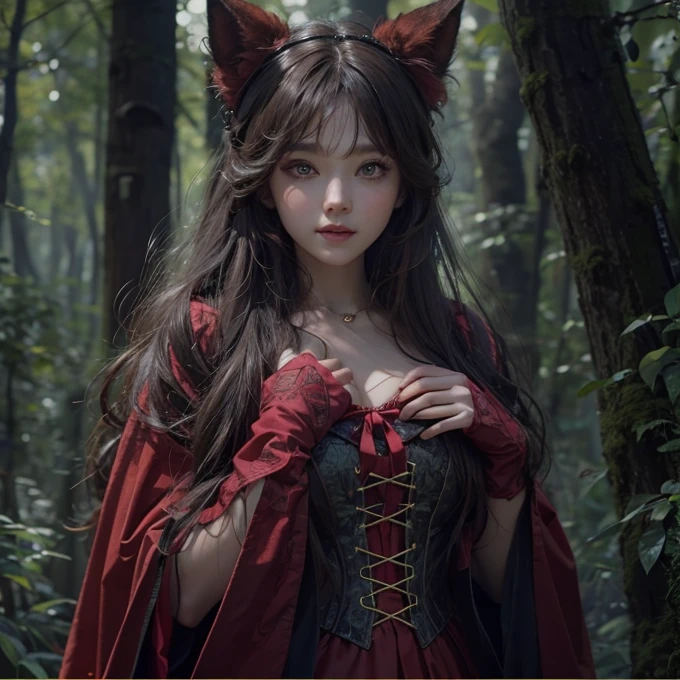 Standing in the forest、Hair flow、 ((highest quality、masterpiece、8k、Best image quality、Ultra-high resolution、Award-winning works)、(Accurate anatomy:1.1)、(Look at me and smile:1.1)、Shining fair skin with Ultra-high resolution、The most detailed face、Ultra-high resolution detailed face、Ultra-high resolutionの髪の毛、(Ultra-high resolution eye:1.1)、Beautiful face drawn in every detail、little red riding hood　Costume , Chest to chest,  Strange atmosphere, A real werewolf stares at her......, Dark Light, in the forest , Heavy makeup 