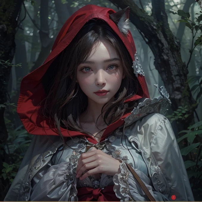 Standing in the forest、Hair flow、 ((highest quality、masterpiece、8k、Best image quality、Ultra-high resolution、Award-winning works)、(Accurate anatomy:1.1)、(Look at me and smile:1.1)、Shining fair skin with Ultra-high resolution、The most detailed face、Ultra-high resolution detailed face、Ultra-high resolutionの髪の毛、(Ultra-high resolution eye:1.1)、Beautiful face drawn in every detail、little red riding hood Costume , Chest to chest, Strange atmosphere, A real werewolf stares at her......, Dark Light, in the forest , Heavy makeup