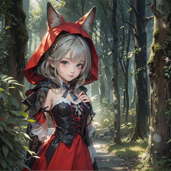Standing in the forest、Hair flow、 ((highest quality、masterpiece、8k、Best image quality、Ultra-high resolution、Award-winning works)、(Accurate anatomy:1.1)、(Look at me and smile:1.1)、Shining fair skin with Ultra-high resolution、The most detailed face、Ultra-high resolution detailed face、Ultra-high resolutionの髪の毛、(Ultra-high resolution eye:1.1)、Beautiful face drawn in every detail、little red riding hood　Costume , Chest to chest,  Strange atmosphere, A real werewolf stares at her.........., Dark Light, in the forest , Heavy makeup 