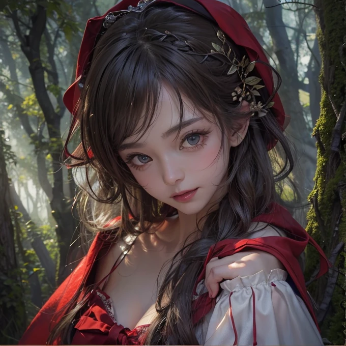 Standing in the forest、Hair flow、 ((highest quality、masterpiece、8k、Best image quality、Ultra-high resolution、Award-winning works)、(Accurate anatomy:1.1)、(Look at me and smile:1.1)、Shining fair skin with Ultra-high resolution、The most detailed face、Ultra-high resolution detailed face、Ultra-high resolutionの髪の毛、(Ultra-high resolution eye:1.1)、Beautiful face drawn in every detail、little red riding hood Costume , Chest to chest, Strange atmosphere, A real werewolf stares at her......, Dark Light, in the forest , Heavy makeup