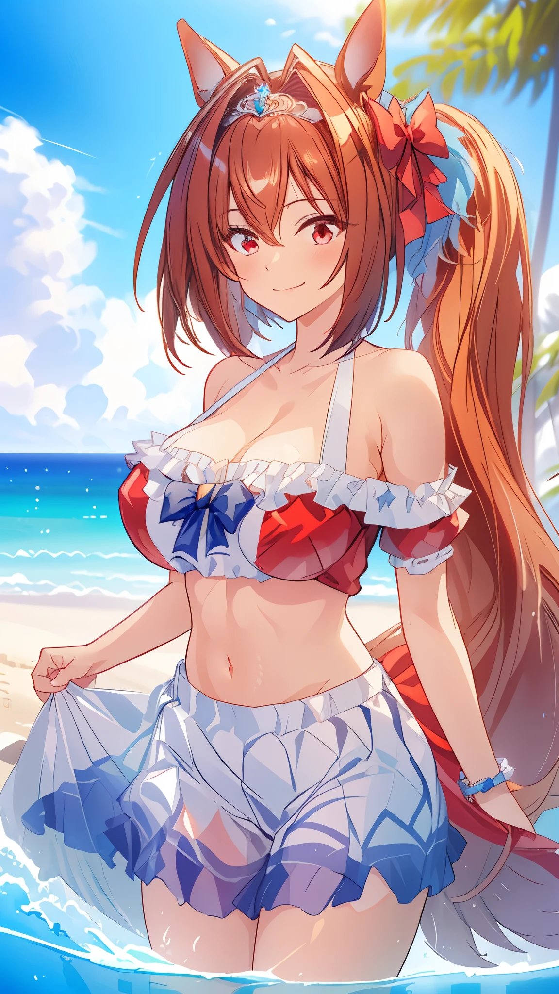(((masterpiece, highest quality, High resolution, 超High resolution, Pixel perfect, Depth of written boundary, 4K, RTX, High resolution))), One girl, smile, Very large breasts, Brown Hair, Long Hair, Twin tails, (Red eyes:1), clavicle, belly button, Red Bikini, Bikini Skirt, Swimwear, Beach,(sexy), Beach, Ocean, blue sky, View Viewer, {{Very delicate and beautiful}}, Highly detailed CG Unity 8k wallpaper, (Shiny Hair:1.2), (Shiny skin:1.5),