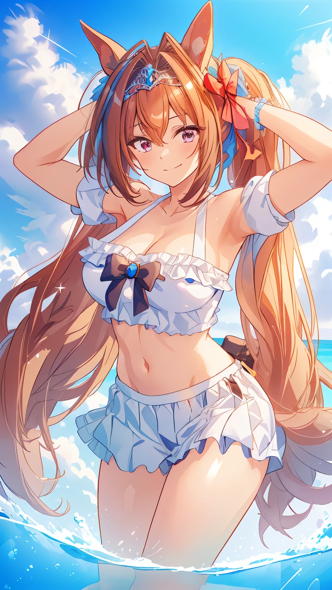 (((masterpiece, highest quality, High resolution, 超High resolution, Pixel perfect, Depth of written boundary, 4K, RTX, High resolution))), One girl, smile, Very large breasts, Brown Hair, Long Hair, Twin tails, (Red eyes:1), clavicle, belly button, Red Bikini,  Bikini Skirt, Swimwear, Beach,(sexy), Beach, Ocean, blue sky, View Viewer, {{Very delicate and beautiful}}, Highly detailed CG Unity 8k wallpaper, (Shiny Hair:1.2), (Shiny skin:1.5),