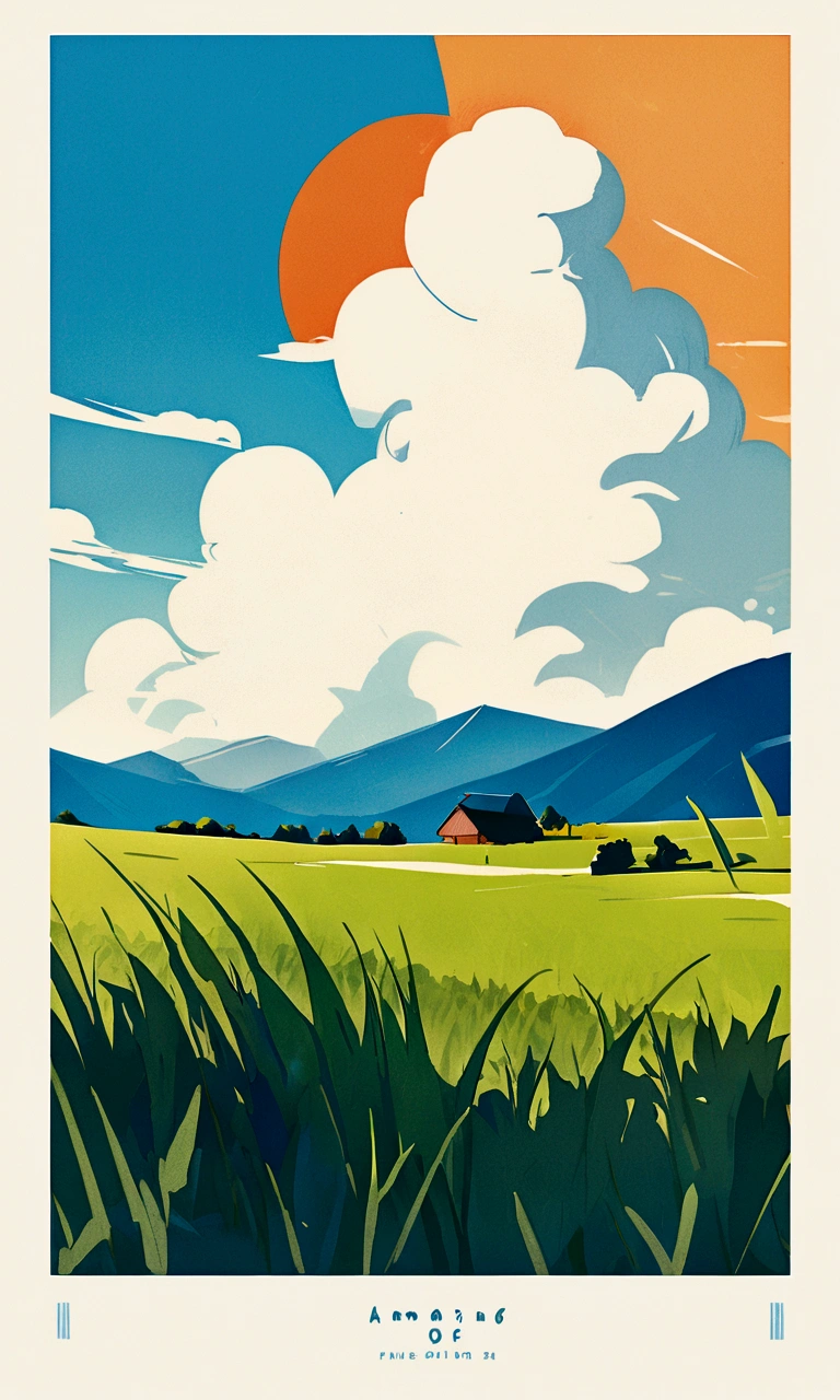 travel poster design, grassland, Blue sky, White Cloud, Image minimalist style