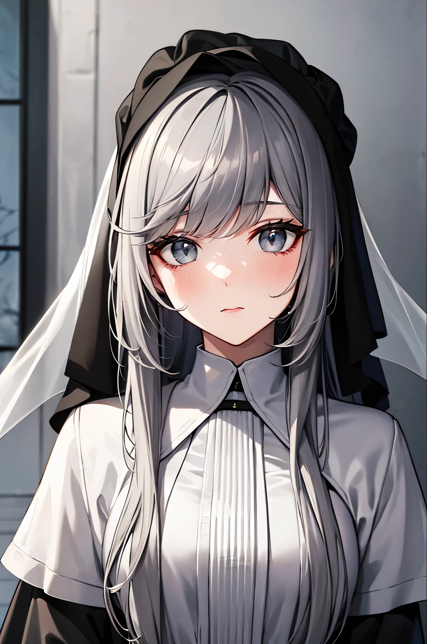 Veil on head, Grey Veil, Gray Hair, Grey White, Gubes's art style, Arrogant and indifferent girl, Half-squinted, White eyes玉, White eyes, National style, Off-white
