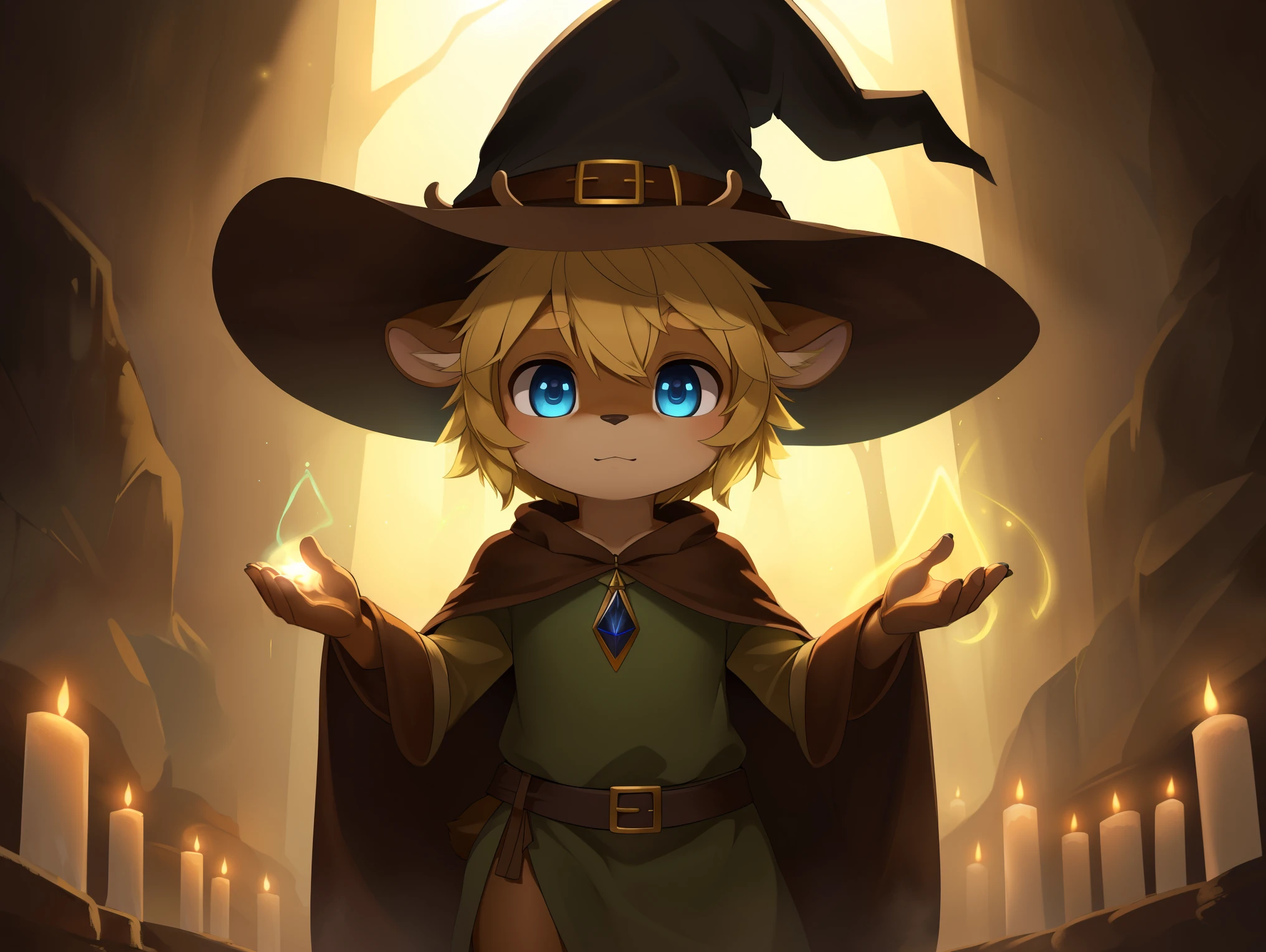 deer, solo, young, cub, chibi, (blue eyes), ((large witch hat)), ((brown hat)), ((brown cloak)), (long green tunic), (blonde hair), (short hair), short deer tail. ((light brown body)), (short brown antlers), short snout, ((((casting magic)))), magic, epic pose. dark dungeon background. Very good figure, best quality, highres, 16k, Natural soft light, Tyndall effect, Advanced film lighting, Unreal Engine5, Extremely realistic, A high resolution, perfect masterpiece, high quality, high resolution