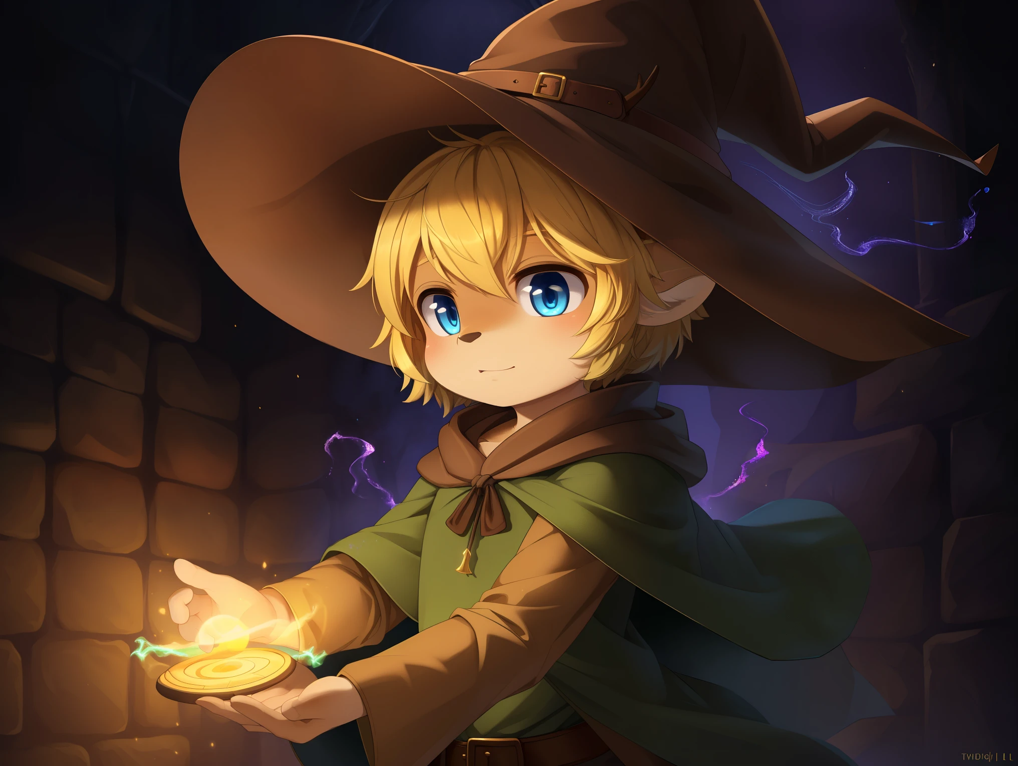 deer, solo, young, cub, chibi, (blue eyes), ((large witch hat)), ((brown hat)), ((brown cloak)), (long green tunic), (blonde hair), (short hair), short deer tail. ((light brown body)), (short brown antlers), short snout, ((((casting magic)))), magic, epic pose. dark dungeon background. Very good figure, best quality, highres, 16k, Natural soft light, Tyndall effect, Advanced film lighting, Unreal Engine5, Extremely realistic, A high resolution, perfect masterpiece, high quality, high resolution