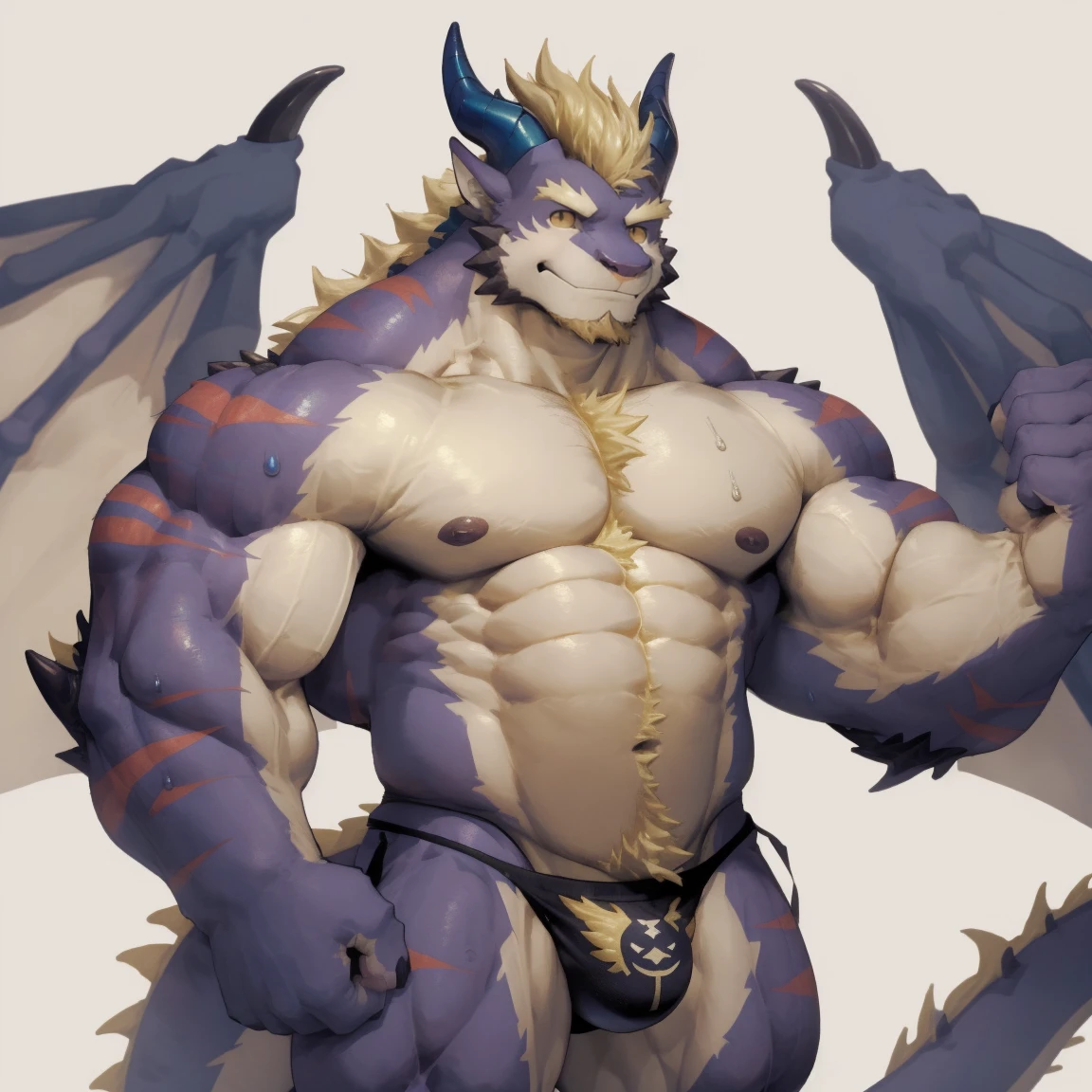 masterpiece,best quality,8k resolution,Very detailed,hairy,((sweat))((Red Dragon Man)),muscle,(((Blonde))),Strong,超大muscle,((With a pair of blue horns)), ((Golden Eyes)),portrait,((Shirtless)),((Simple background)),((solitary)),(((red wings))),(((Thong))),(((Crotch bulge))),