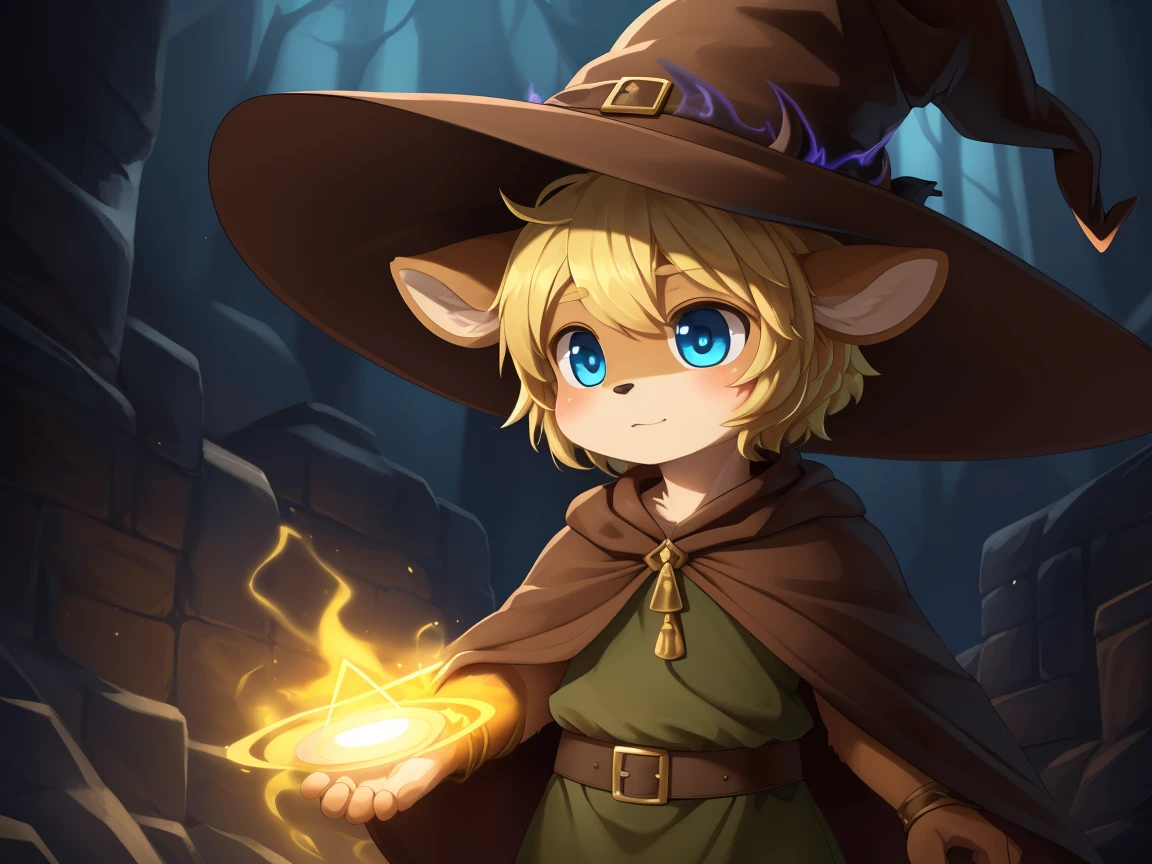 deer, solo, young, cub, chibi, (blue eyes), ((large witch hat)), ((brown hat)), ((brown cloak)), (long green tunic), (blonde hair), (short hair), short deer tail. ((light brown body)), (short brown antlers), short snout, ((((casting magic)))), magic, epic pose. dark dungeon background. Very good figure, best quality, highres, 16k, Natural soft light, Tyndall effect, Advanced film lighting, Unreal Engine5, Extremely realistic, A high resolution, perfect masterpiece, high quality, high resolution