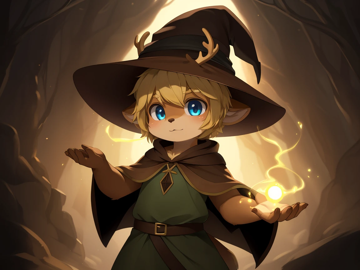 deer, solo, young, cub, chibi, (blue eyes), ((large witch hat)), ((brown hat)), ((brown cloak)), (long green tunic), (blonde hair), (short hair), short deer tail. ((light brown body)), (short brown antlers), short snout, ((((casting magic)))), magic, epic pose. dark dungeon background. Very good figure, best quality, highres, 16k, Natural soft light, Tyndall effect, Advanced film lighting, Unreal Engine5, Extremely realistic, A high resolution, perfect masterpiece, high quality, high resolution