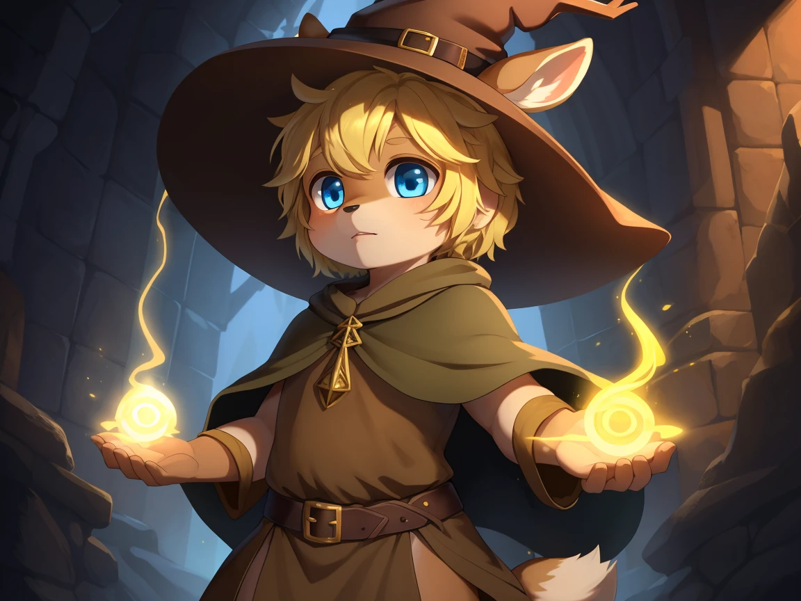 deer, solo, young, cub, chibi, (blue eyes), ((large witch hat)), ((brown hat)), ((brown cloak)), (long green tunic), (blonde hair), (short hair), short deer tail. ((light brown body)), (short brown antlers), short snout, ((((casting magic)))), magic, epic pose. dark dungeon background. Very good figure, best quality, highres, 16k, Natural soft light, Tyndall effect, Advanced film lighting, Unreal Engine5, Extremely realistic, A high resolution, perfect masterpiece, high quality, high resolution