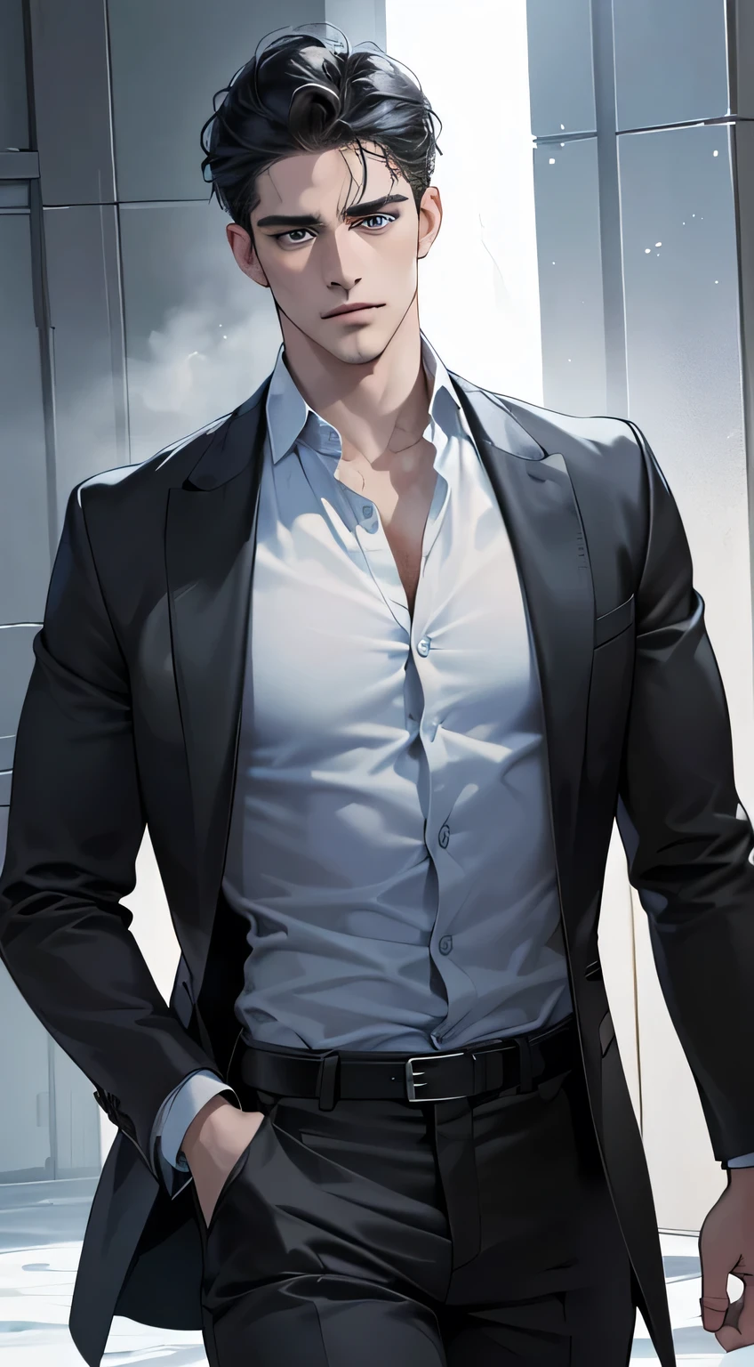 (Best quality, masterpiece, 8K, Photorealistic, cinematic lighting, 1:4 HDR-изображение, ultra detailed, beautiful image), mature man, 34 years old very handsome, ((Cold expression)), short black hair, Blue eyes, perfect face without mistakes, ((buttoning his jacket, CEO))