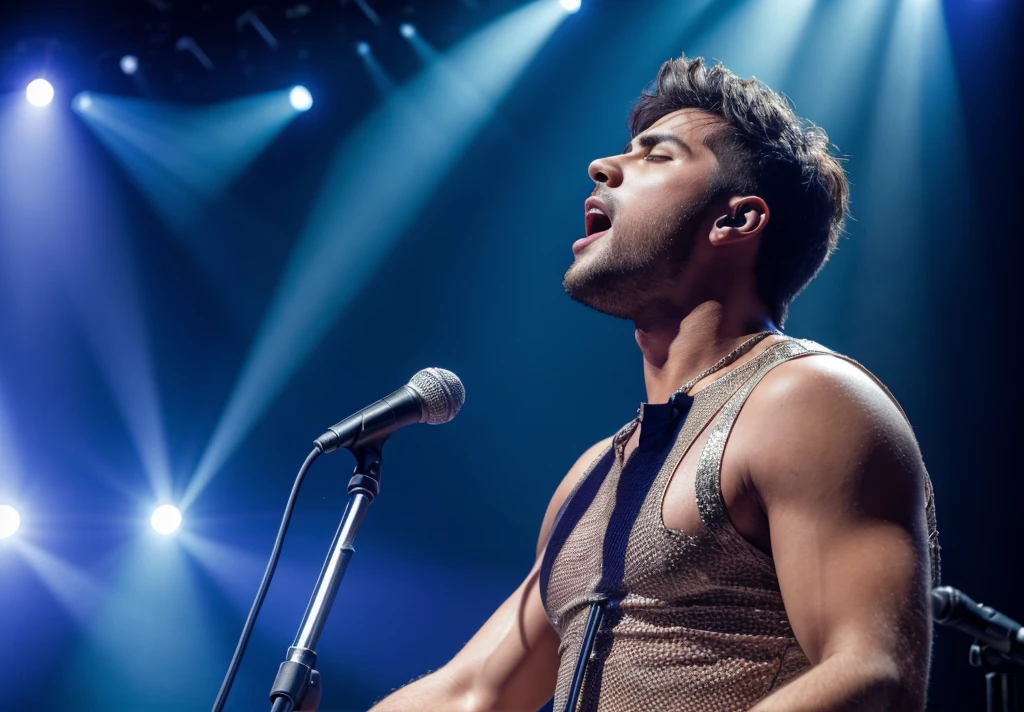 masterpiece, highest quality, Realistic, Very detailed, Concert, Male singer singing on a microphone, Head to the right, Impressive, rock star , rock concert