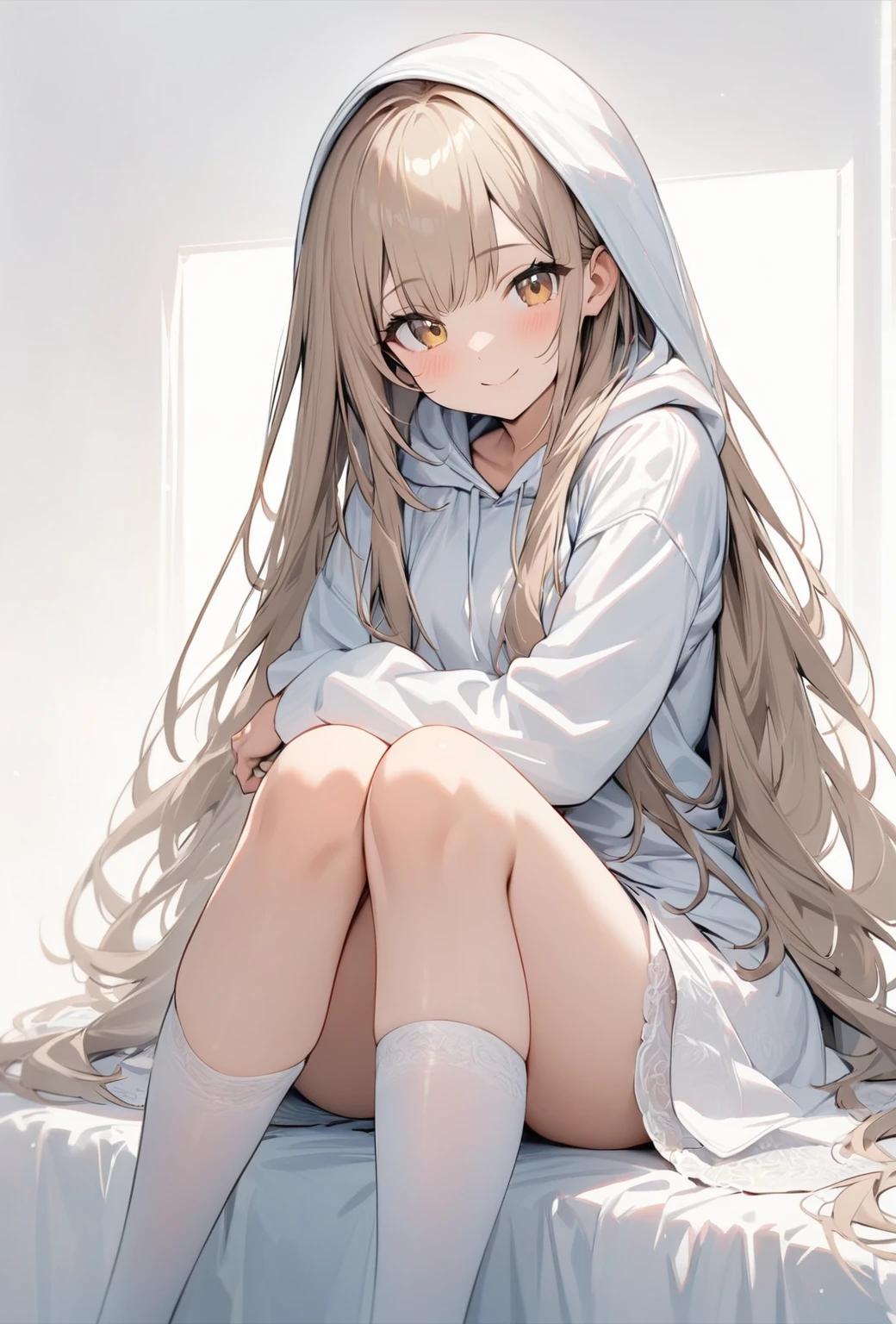 ((highest quality)), ((masterpiece)), ((Very detailed)), (Very cute),A smiling woman, about 165cm tall, with soft, silky light brown hair.,Smiling woman with long hair wearing a hoodie, alone, Cute attitude,(background(bright),Long Hair - Straight,Knee-high socks、white wedding dress with hood,White wall、Sitting、Face Draws Up,Facing the viewer
