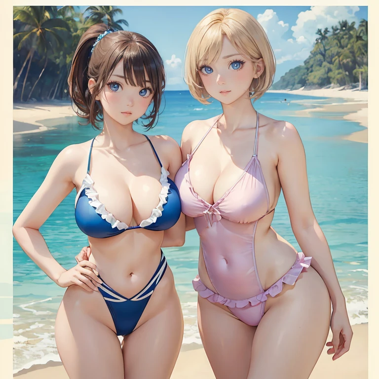 (masterpiece:1.2), (highest quality:1.2),, Curvy but slender body, Perfect Eyes, Perfect Face, Perfect lighting, Two Mature Women ,Ocean,(Standing position),(whole bodyのショット),(Adult smile),(Front view), Detailed Background, , eye shadow, Thick eyelashes,Observe the audience, whole body、Bright and beautiful face、like々White, radiant skin、Ultimate beauty、The most beautiful golden hair in the world、Thin Hair、short hair、Beautiful shiny bangs、big, Bright Blue Eyes、Very beautiful and lovely 45 years old, The most beautiful woman in the world、Center of chest,Frilled swimsuit,ponytail