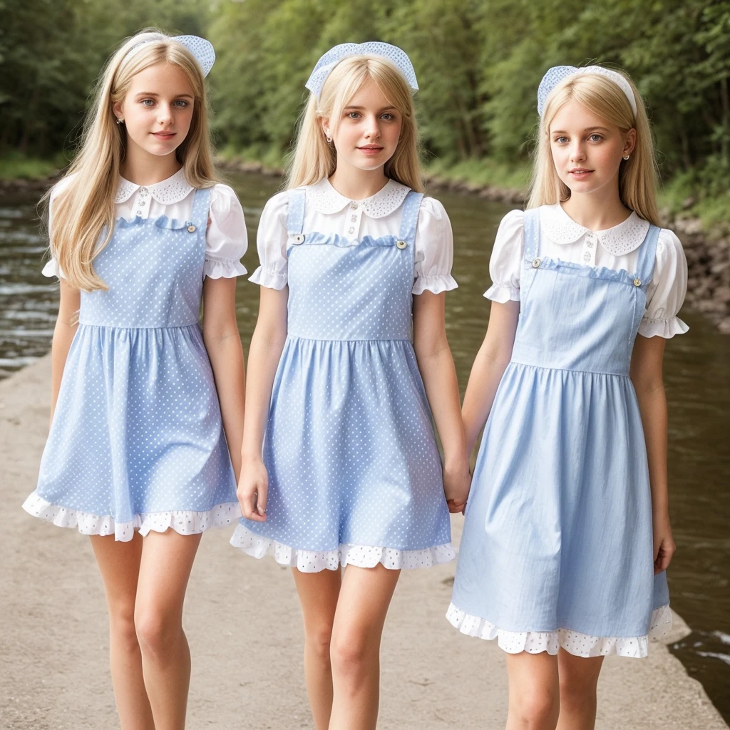 So Pretty And Girly Long-haired TWIN PONYTAILED  Boys In Blue Polka Doted Frilly Kneelenght Pinafore Dress And White Blouse WITH Lacy Collar And Cuffs. He Wear White Pantyhose And Pumps. THEY LONG BLOND HAIRS TIED In Long TWIN HIGH PONYTAILS BY TWO PRETTY WHITE HAIRBOWS. They Have Pretty Face And BLUE Eyes. They Walks By River.((Best quality)), ((masterpiece)), (detailed), Young woman 