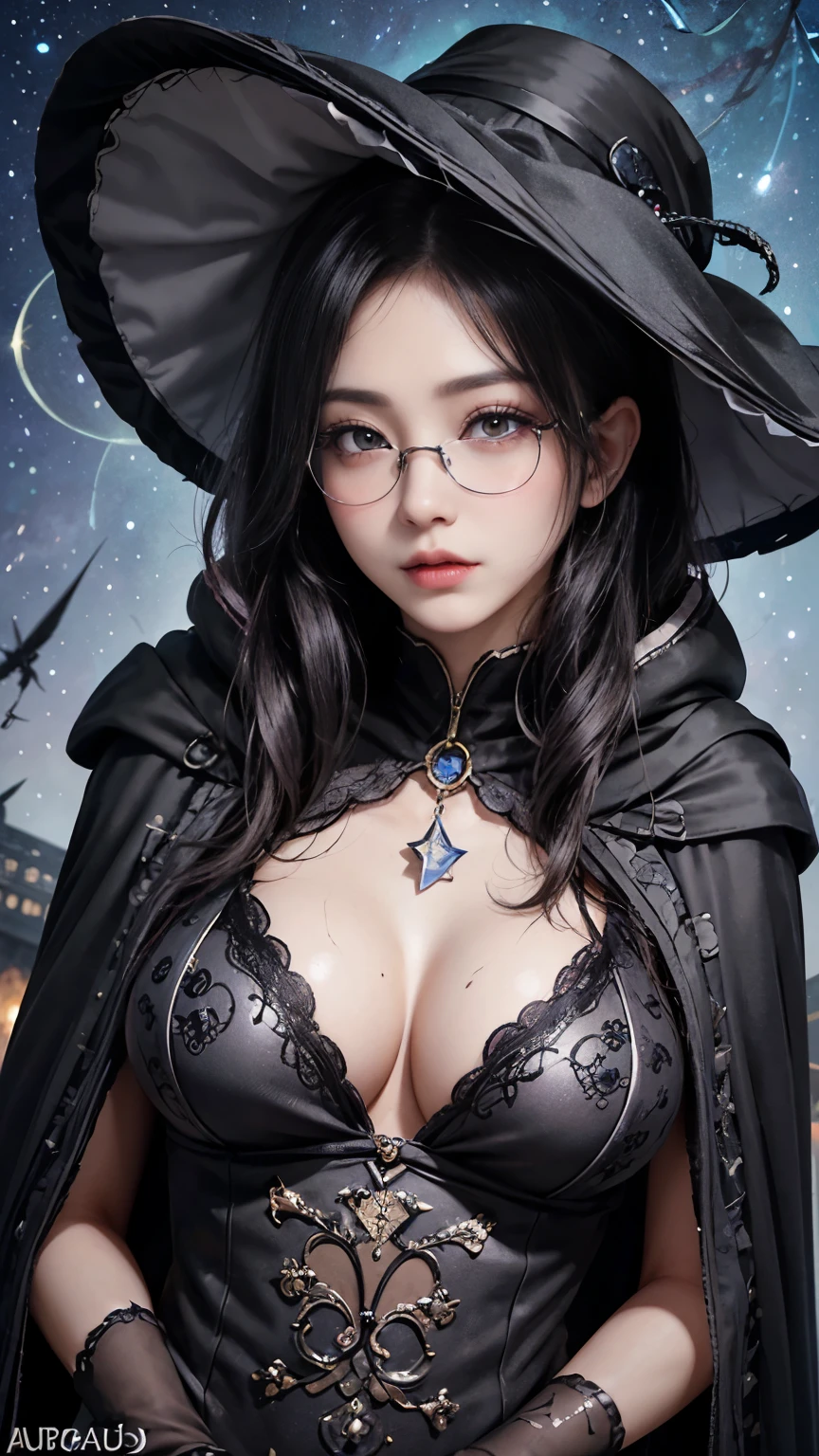 (Fatal Beauty,A charming villain,witch) ,(A supple and powerful physique),(Sensual charm),(Mysterious charm:1.1),(Captivating silhouette),((((Glasses))))、((((big sapphire necklace))))、(highest quality,High resolution:1.2),(dark,Threatening:1.1),((dark horror theme:1.5),(Thriller:1.5)),(Dark fantasy:1.5), (((Countless stars fly away:1.5),(Absurd:1.5),(wonderful:1.5))),Woman in a dress, (Powerful numbers:1.1),(((Big Breasts))),(((Muscular:1.1))), cute face, Sexy Face, , Very detailedなbeautiful女の子, (Ideal body type:1.8), Very detailed faceexpressive lips, (とてもbeautiful、Crisp big eyes:1.5), Fine skin., All features are shown in detail., The outline of the fingers is beautifully drawn....., The nose is precisely shaped., expressive lips, Perfect Anatomy,cute、Realistic、(Front view:1.4),(Face Focus:1.3), realistic girl rendering, 8k artistic german bokeh, Enchanting girl, Real Girls, Gurwitz, Gurwitz-style artwork, Girl Roleplay, Realistic 3D style, cgstation Popular Topics, 8K Portrait Rendering,(truth,truth:1.4),Sexy Body,( Very lean body:1.6),Sexy pose, blush, Attractive body, Very curly hair, Purple Curly Hair, very big hair, Very curly hair, prime color,Urban,Very detailed,masterpiece,Intricate details,Faded,Very detailed, Eye for details,Intricate details,暗くてSpooky atmosphere, Spiritual Beings, Unforgettably beautiful, Ghostly figures, Shadow-like shape, Spooky whispers, Ominous Aura, Goth Maiden, Like dazzling fur in a starless haze,Her Mogul Snaps, Mysterious Cemetery,Black hair swaying in the moonlight, She summons darkness, (beautiful: 1.7), (Black Hat: 1.6), (An intricately decorated jet-black cloak: 1.6), (Delicately decorated cloak, Despite the damage: 1.5), Hypermaximalist, Breathtaking oil paintings, Surreal, Ultra-realistic digital illustrations that mimic the style of oil paintings, wonderful構成, (Shining Eyes:1.6)、(Glowing Eyes:1.1),(hellish landscape:1.1),(fire,sulfur:1.1),(Threatening atmosphere:1.1),(dark shadows,Threatening presence:1.1),(Unlucky Clouds,Stormy Skies:1.1),(dark,Spooky atmosphere:1.1),(Aura of misfortune,Evil energy:1.1),(dark aura,cigarette:1.1),(Extreme heat,Burning Flames:1.1),(Nightmare Visions:1.1),(Predicting the end:1.1),(Whispers of misfortune,Devilish Laugh:1.1),(Cry of pain,echoing screams:1.1),(Bad luck symbol,Ancient runes:1.1),(Mysterious Relic,dark art ifacts:1.1),(Infernal Ritual,Ritual sacrifice:1.1),(Eternal Ruin,A hopeless existence:1.1), Inspired by abandoned mech backgrounds. Art created by Craig Mullins, Necrostyle., Detailed Description, Futuristic sci-fi scene. Focus on SFCon