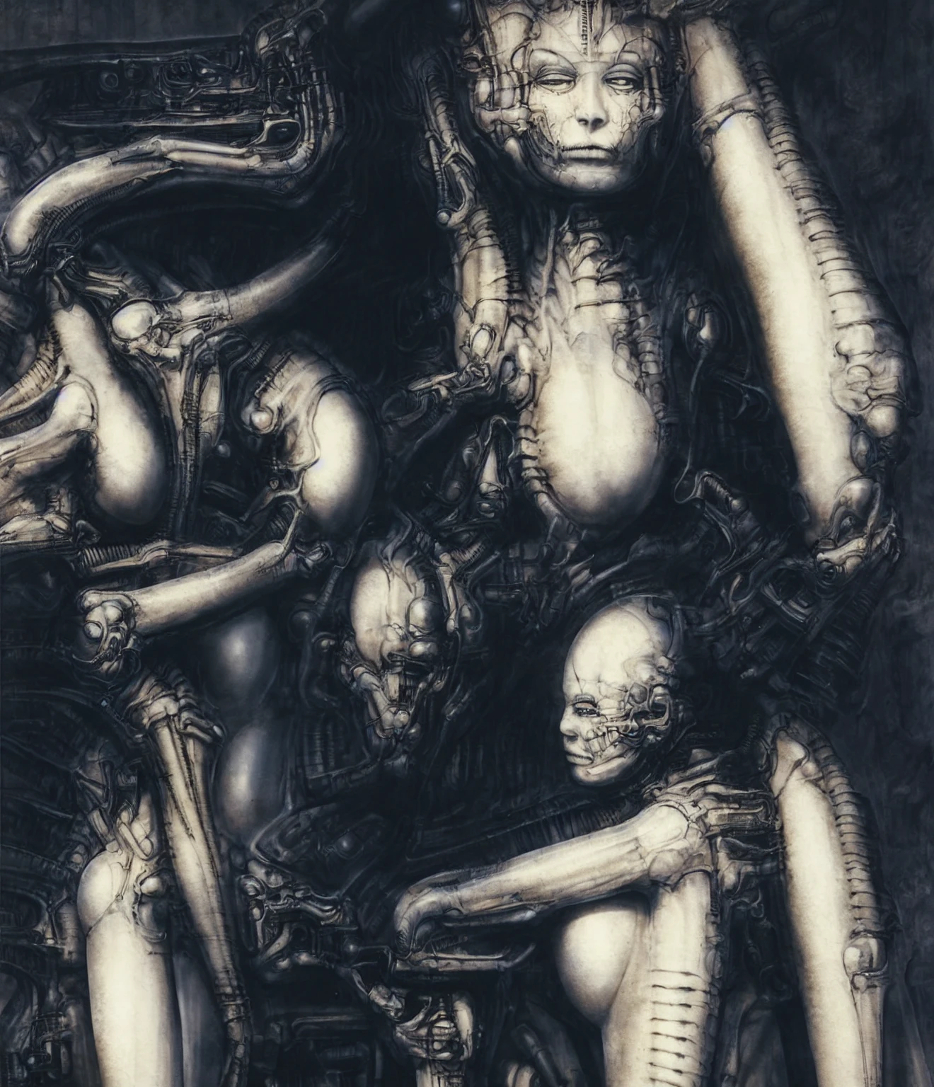 airbrush Giger_style, The image is a detailed view of H.R. Giger's \" Biomechanical Landscape No 312 \" plate, featuring a complex network of bones and organs in a purple-brown hue ,swirling gray and brown colorsgroup of three alien figures positioned in the foreground.  Emaciated and skeletal, with hollow eyes, they appear to be constructed from bone and  metallic  elements,  a  characteristic  fusion  of  organic  and  mechanical  forms  found  in  Giger's  biomechanical  art.  One figure sits on a simple chair,  while  the  other  two  flank  it  on  either  side,  suggesting  a  hierarchy  within  the  group.  The background is a dark and  limited  space  painted  in  a  uniform  red  color.  This  lack  of  detail  keeps  the  focus  on  the  figures  and  creates  a  sense  of  mystery  about  their  environment.  Receding into the distance  are  a  series  of  arches  and  tunnels  that  hint  at  a  larger  biomechanical  landscape,  possibly  the  work  of  the  creatures  themselves The artwork is silver and purplish brown, with an ivory bones prominently displayed. The image is highly detailed and intricate, almost like a 3d version of a medical diagram (detailed view of an anatomy model, possibly of a human body, with transparent organs and bones exposed). The piece has a thick mechano-organic texture and is covered in fine details. The image has a swirling, organic quality to it. The artistic manner would be unmistakably Gigeresque. A dark and unsettling beauty would permeate the piece, blurring the lines between fascination and repulsion , forever haunted by the grotesque allure. Giger's signature artistic manner would be evident in every stroke. The airbrush would be wielded with masterful precision to create a hyperrealistic yet nightmarish aesthetic.,hrgiger,H.G. Giger Style, Biomechanics,HRGigerArhP style in HRGigerArhP style, abstract, mechanical chaos, muted colors, 