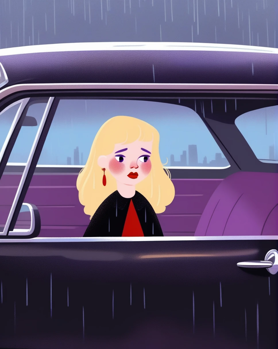 children's picture books,crayon paintings, 1 woman, bangs, blonde hair, car, car exterior, earrings, gothic black dress, jewelry, lipstick, long hair, makeup, motor vehicle, purple eyes, rain, red lips, looking sad, getting out of the car throught the doorof a black Chevrolet Bel Air car