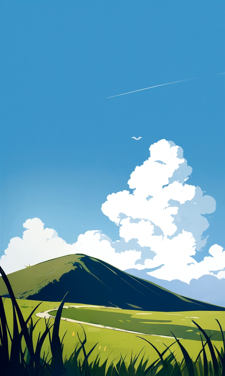 travel poster design, grassland, Blue sky, White Cloud, Image minimalist style