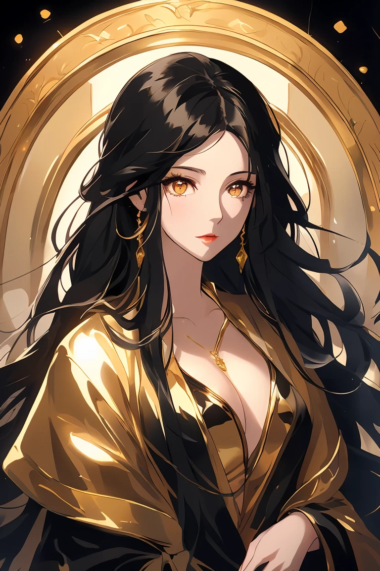  masterpiece, top quality, best quality, official art, beautiful and aesthetic, animation,, 1girl, black hair, golden eyes, long hair big sister, cold, shiny eyes, big chest ,