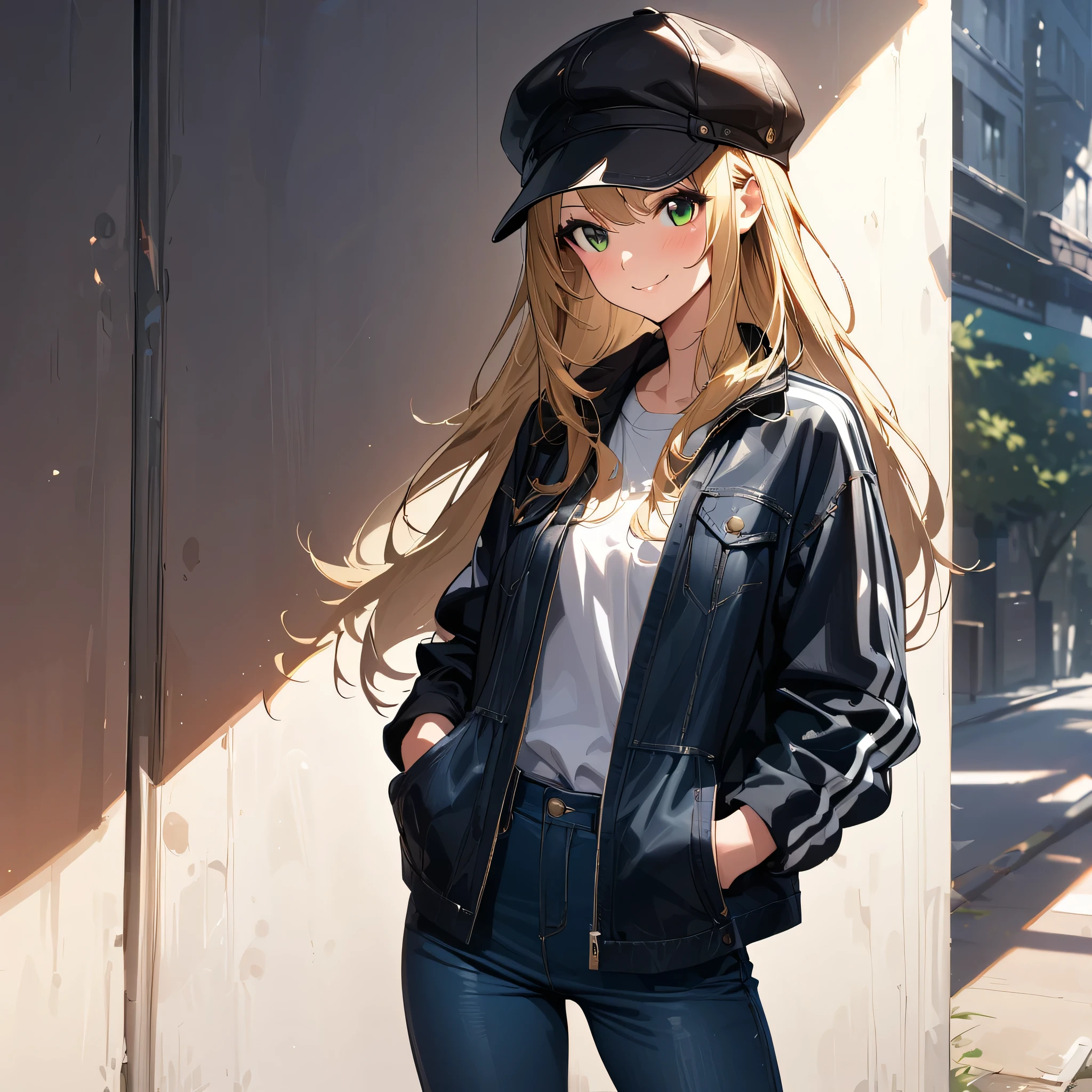 (masterpiece),(best quality),(ultra-detailed),(best illustration),(best shadow),(absurdres),(detailed background),(very aesthetic), hoshii_miki, 1girl, long hair, solo, blonde hair, hat, jacket, green eyes, pants, open jacket, hands in pockets, open clothes, black headwear, shirt, from the front view, denim, close-up, portrait, smile