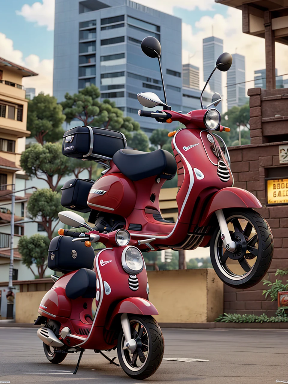 Berkendara motor vespa balap angkat ban depan