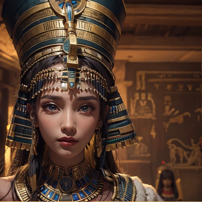 just a beautiful woman sitting on a pedestal, beautiful woman, tight body shape, ancient egyptian hairstyle, ancient egyptian royal princess dress with royal accessories, ancient egyptian atmosphere, high quality image, cleavage, round bust, royal egyptian palace setting, detail smooth skin, eye detail, lip detail, realistic, slightly dark lighting, professional photo, 8k, masterpiece