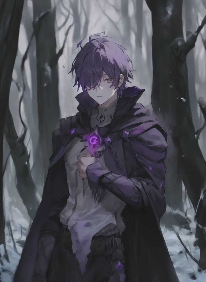 young man ,Male Dark, dark Woods, cold colors, Elf with puple eye, Warlock dnd 
