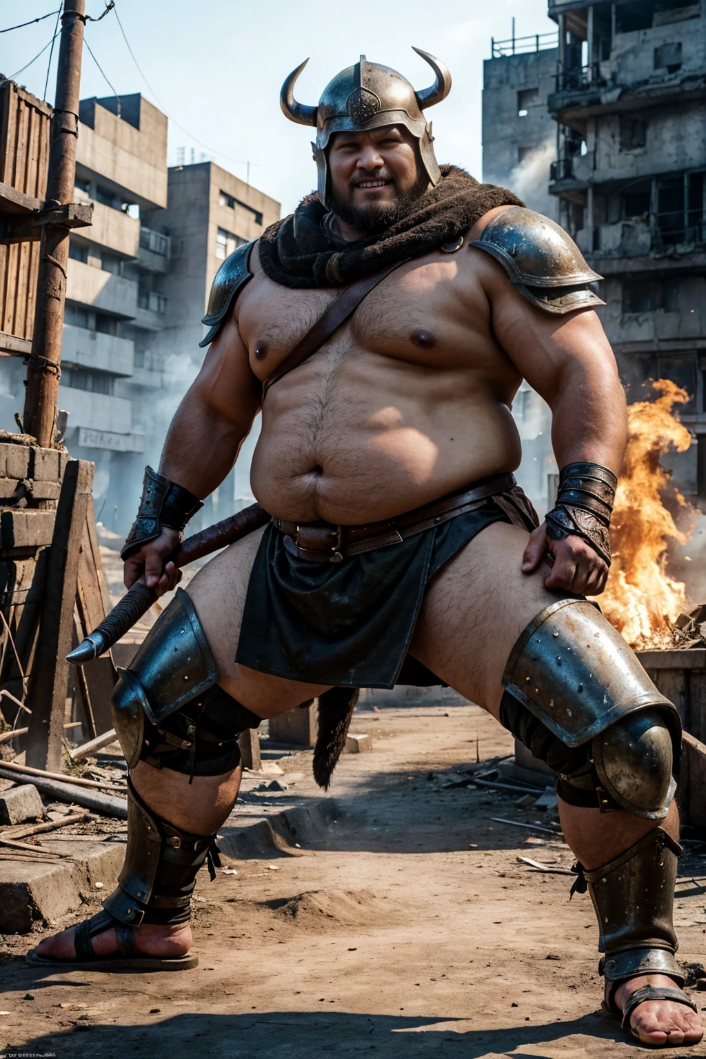 looking at us, shoot from front, face focus, Bandit, Fat ferocious barbarian:2, This barbarian is a robust stocky Japanese, smirking, mid combat, intense battle scene, leather and iron armor, armored short skirt, holding a Viking War Axes, viking helmet, legs exposed from thighs to feet, fierce warriors, ancient battlefields, epic showdown, battleground background, masterpiece, volumetric lighting, Dramatic, Uighur the Warden, breathtaking action, dynamic poses, bald, ((ultra sharp)), ((masterpiece)), ((best quality)), ((ultra detailed)), ((intricate details)), Inguinal region detailed, Dilapidated, breathtaking action, destroyed city after big air raids, fire, A desolate, post-apocalyptic cityscape, A brutal scene, lets out a yell, casting an ominous shadow, 