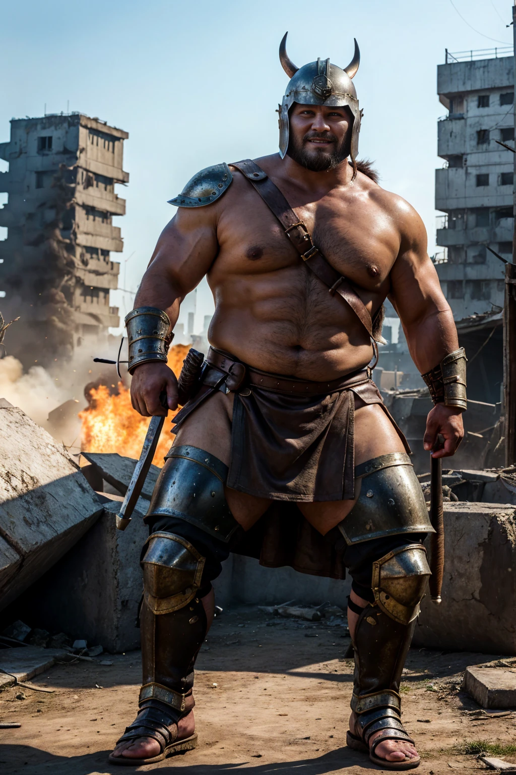 looking at us, shoot from front, face focus, Bandit, Fat ferocious barbarian:2, This barbarian is a robust stocky Japanese, smirking, mid combat, intense battle scene, leather and iron armor, armored short skirt, holding a Viking War Axes, viking helmet, legs exposed from thighs to feet, fierce warriors, ancient battlefields, epic showdown, battleground background, masterpiece, volumetric lighting, Dramatic, Uighur the Warden, breathtaking action, dynamic poses, bald, ((ultra sharp)), ((masterpiece)), ((best quality)), ((ultra detailed)), ((intricate details)), Inguinal region detailed, Dilapidated, breathtaking action, destroyed city after big air raids, fire, A desolate, post-apocalyptic cityscape, A brutal scene, lets out a yell, casting an ominous shadow,