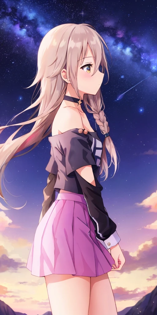 one girl, IA, Aria on the Planetes, off shoulder, black shirt, short skirt, choker, from side, starry sky, look at the sky, pray for stars