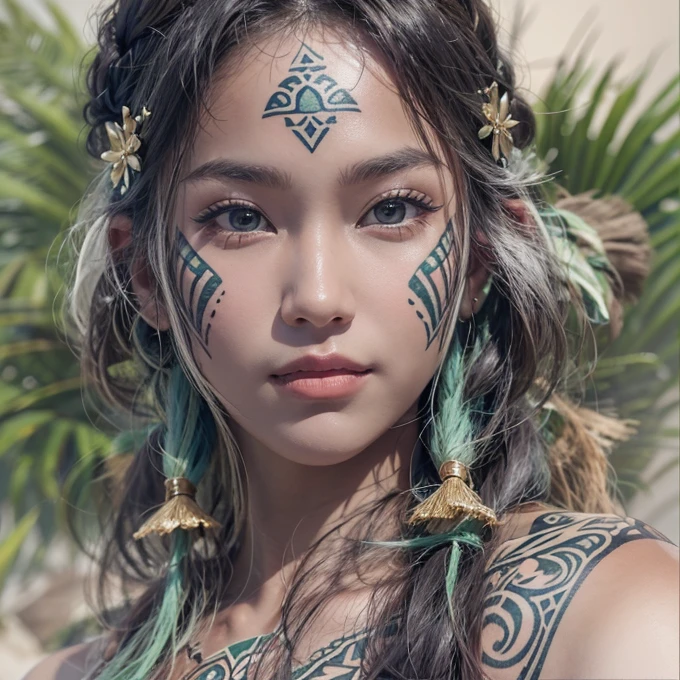 Polynesian Sea、Hair blowing in the wind 、 ((highest quality、masterpiece、8k、Best image quality、Ultra-high resolution、Award-winning works)、(Accurate anatomy:1.1)、(Look at me and smile:1.0)、Shining fair skin with Ultra-high resolution、The most detailed face、Ultra-high resolution detailed face、Ultra-high resolutionの髪の毛、(Ultra-high resolution eye:1.1)、Beautiful face drawn in every detail、Polynesian Costume,Small breasts, Polynesian Tattoo, Polynesian canoe、Wearing Polynesian costumes:1.2.