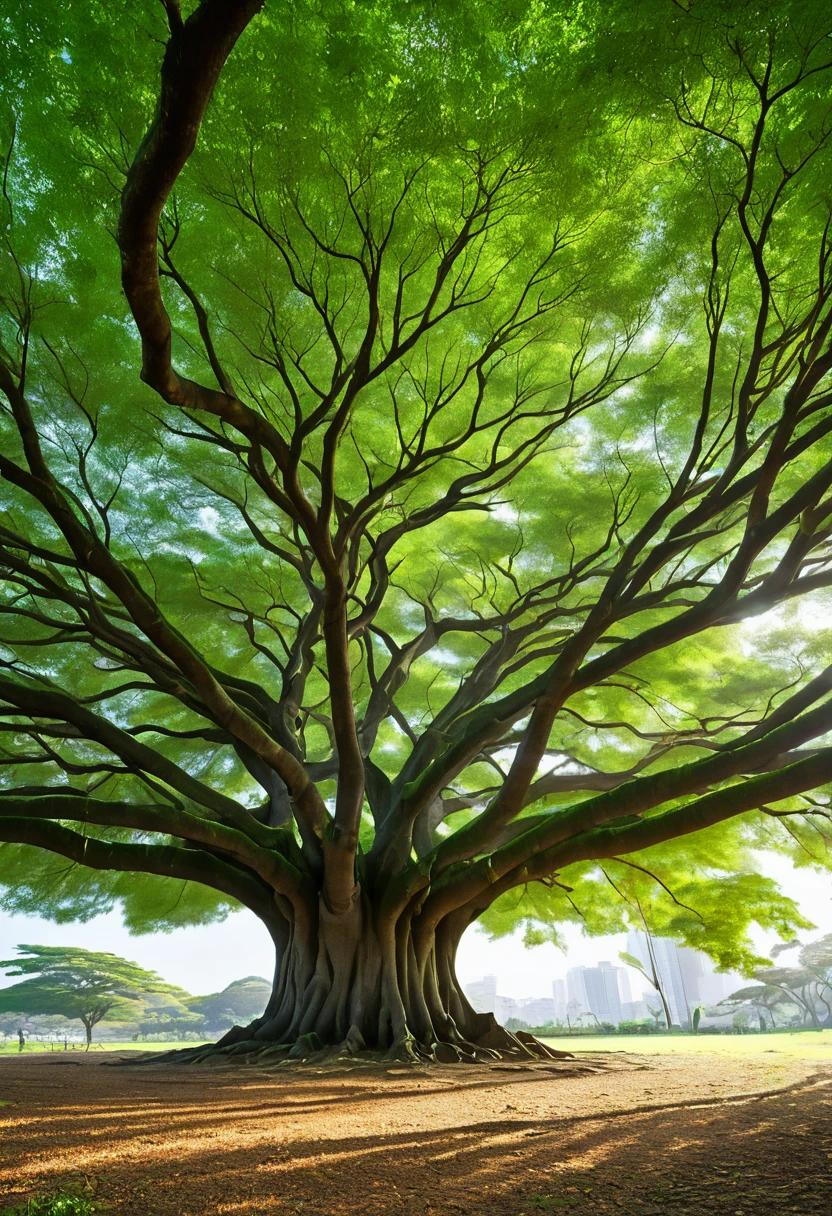 A large, leafy tree in the center, con ramas que se extienden hacia arriba y hacia los lados.