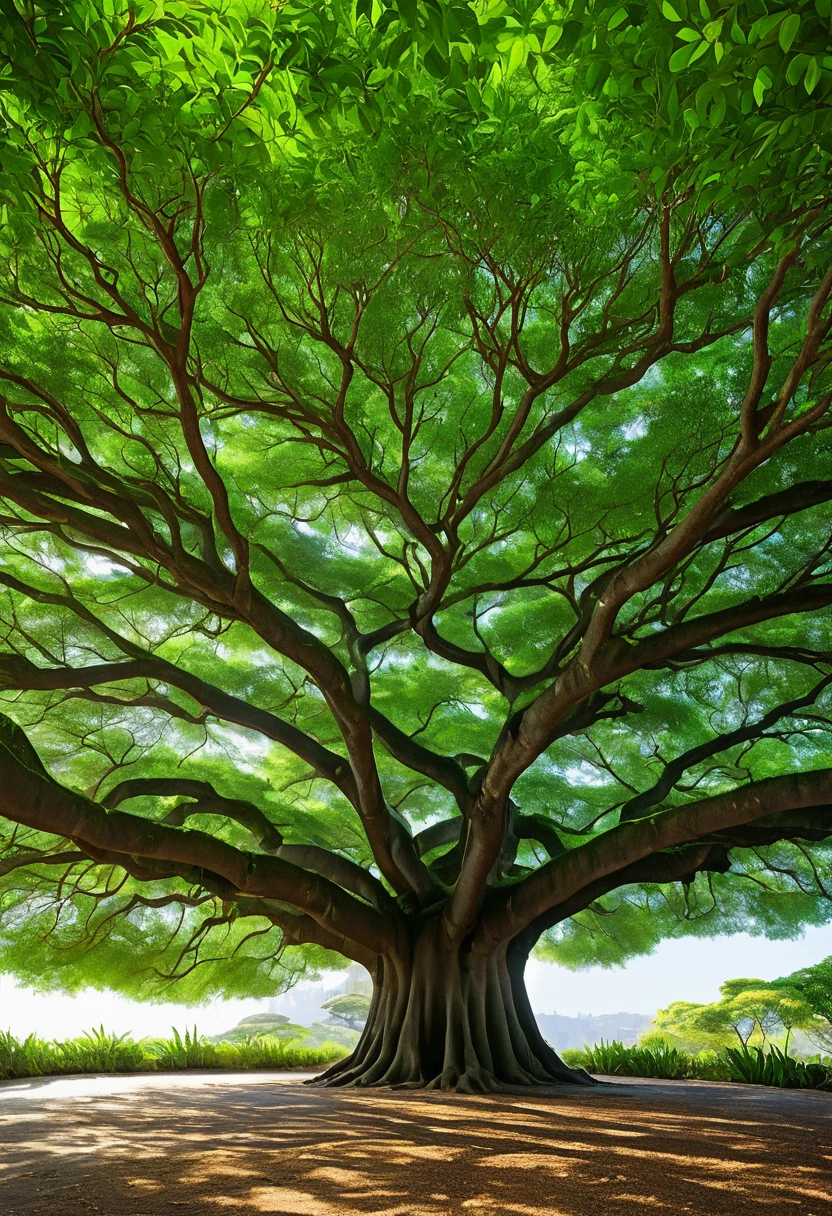 A large, leafy tree in the center, con ramas que se extienden hacia arriba y hacia los lados.