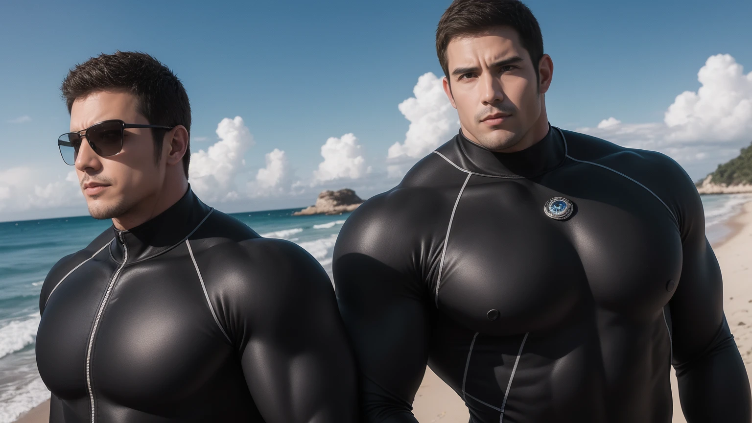 Super muscular man hugging,  They wear sunglasses，Deep gaze kiss，They embrace affectionately，short hair，Beach under the scorching sun, Wear a dark grey high collared long sleeve tight wetsuit, Shark skin texture，Beach by the sea，beautiful landscape，The expression is arrogant, Thick thighs, messy hair, Thick thighs, Wear a high-necked, long-sleeved wetsuit, very tight, Regular symmetrical pattern, Highlight muscles, Police uniform pants, character concept（Resident Evil - chris redfield, chris redfield）A proud expression, Deep and charming eyes, Valiant male pose, tall Burly, muscular！muscular thighs, Tough Guy, Perfect facial features, High, Burly, Heqiang, Super exquisite and cool, High Resolution Committee, Attractive, The sun is blazing, Dazzling