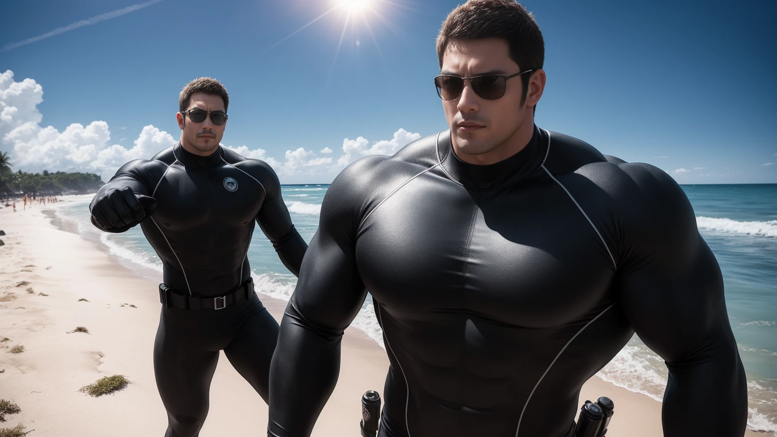 Super muscular man hugging, They wear sunglasses,Deep gaze kiss,They embrace affectionately,short hair,Beach under the scorching sun, Wear a dark grey high collared long sleeve tight wetsuit, Shark skin texture,Beach by the sea,beautiful landscape,The expression is arrogant, Thick thighs, messy hair, Thick thighs, Wear a high-necked, long-sleeved wetsuit, very tight, Regular symmetrical pattern, Highlight muscles, Police uniform pants, character concept(Resident Evil - chris redfield, chris redfield)A proud expression, Deep and charming eyes, Valiant male pose, tall Burly, muscular!muscular thighs, Tough Guy, Perfect facial features, High, Burly, Heqiang, Super exquisite and cool, High Resolution Committee, Attractive, The sun is blazing, Dazzling