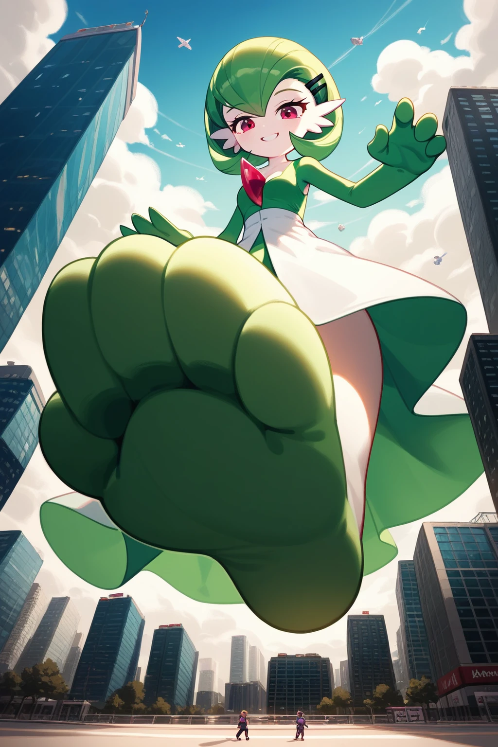 (Fraction_9,Fraction_8_Direction_7_up,), green legs, full body! shot, green and white, higurashi, danny phantom, full body shot close up, gardevoir, pokemon, sizedifference, macro, giantess, low angle, paws, stand, look down, 1 character, deceptive smile, hands down, half-squinted eyes, city