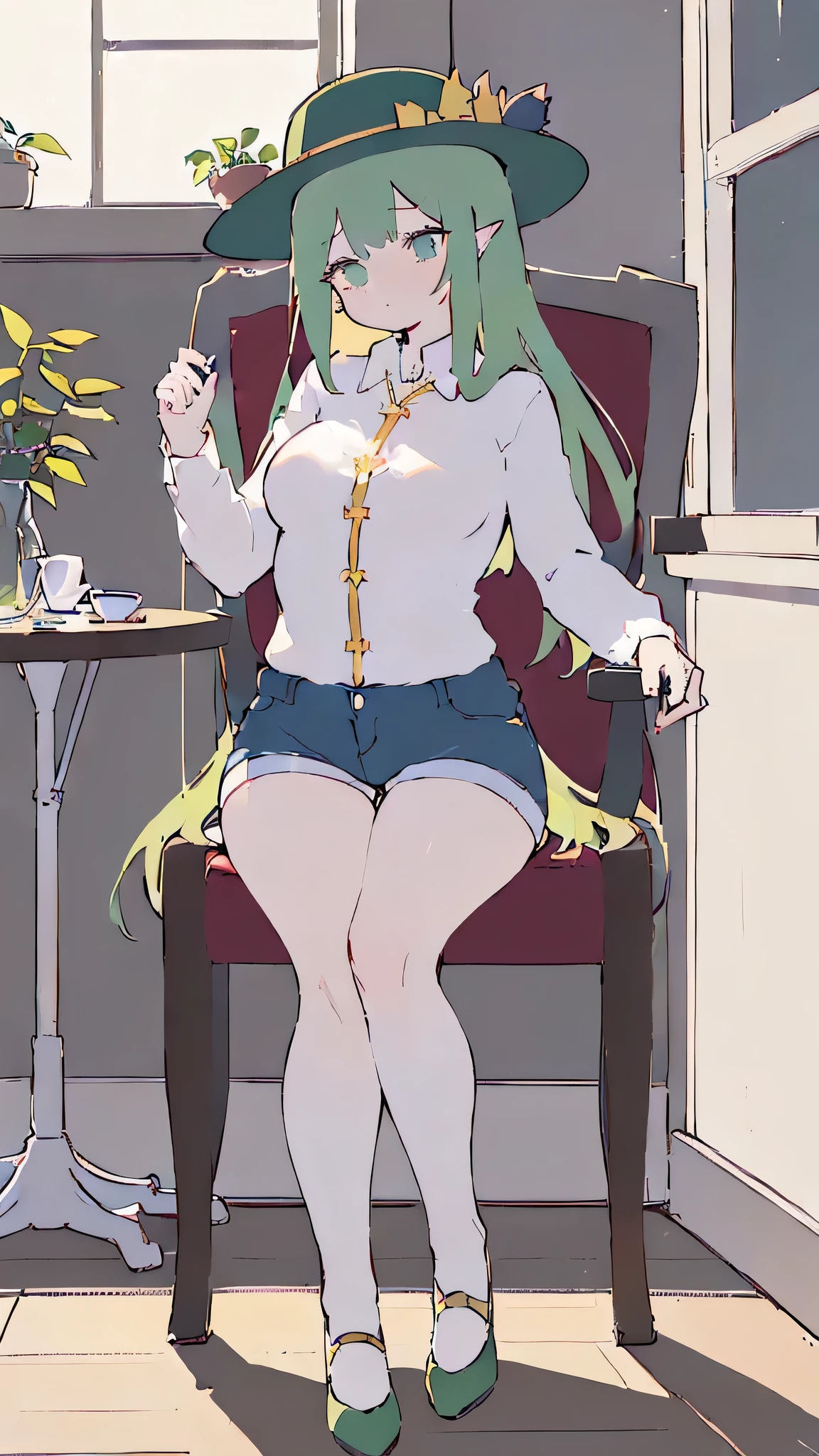 (flat:1.5),(cafe, window, sunlight, table, chair, sedentary:1.5) (big ass, thick thighs:0.7), (warm light source:1.2), intricate details, volumetric lighting, Realism BREAK(masterpiece:1.2), (top quality), 4K, ultra detail, (Dynamic configuration:1.4), Very detailed and colorful details,(rainbow colors:1.2), (shining lights, atmospheric lighting), dreamy, magical, (alone:1.2), intricate details, cheeky expression, (big breasts:1.5), (green eyes:1.5), (a devastated expression, dead eyes, dark atmosphere:1.5), (Green long hair:1.5), (shoes, buttoned dress shirt, Small hat,Small and tight denim shorts:1.5), (chubby), (beautiful eyes, flushing:1.5),(human ear,thin legs:1.5),(chair에 sedentary, diagonal shot:1.5), (embarrassing:1.5),(diagonal shot:1.5)