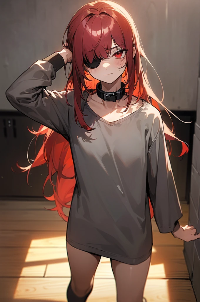 {masterpiece, distinct_image, extremely detailed CG, beautiful eyes and detailed face, 4k, 8k, high_resolution, perfect_finger, medieval style, (beautiful_detailed_eyes:1.3), glitter, gray_light,{1boy, face_focus,full body, looking for_in_viewer, standing},{(miniboy,slave:1.3) (tattered long gray T-shirt, no pants, thick_metal_collar, black_right_eyepatch:1.5), (red_hair, red_eyes, long_hair, hair_over_one_eye, one_eye_covered_with_hair, asymmetrical_bangs:1.4), (tired_face, glaring, breathing:1.2), (gray_wall_prison_indoor:1.3)}}