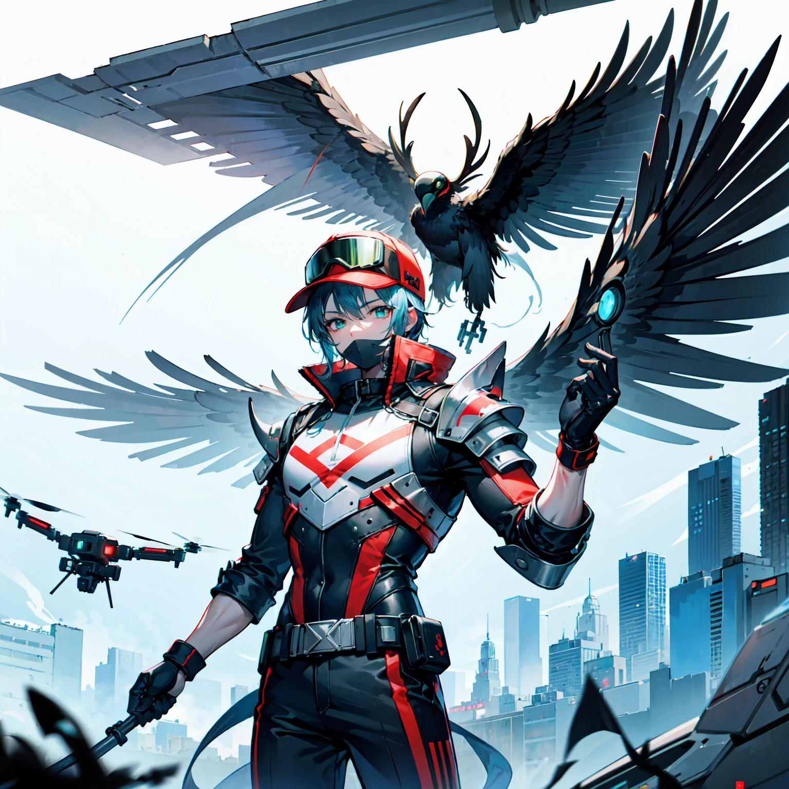 Futuristic Male soldier, futuristic mask, black baseball cap, green ski goggles, mechanical vulture wings in the back of body, futuristic wrist pistols, power armour (without helmet), asian face, surrounding magic, drones surrounding individual