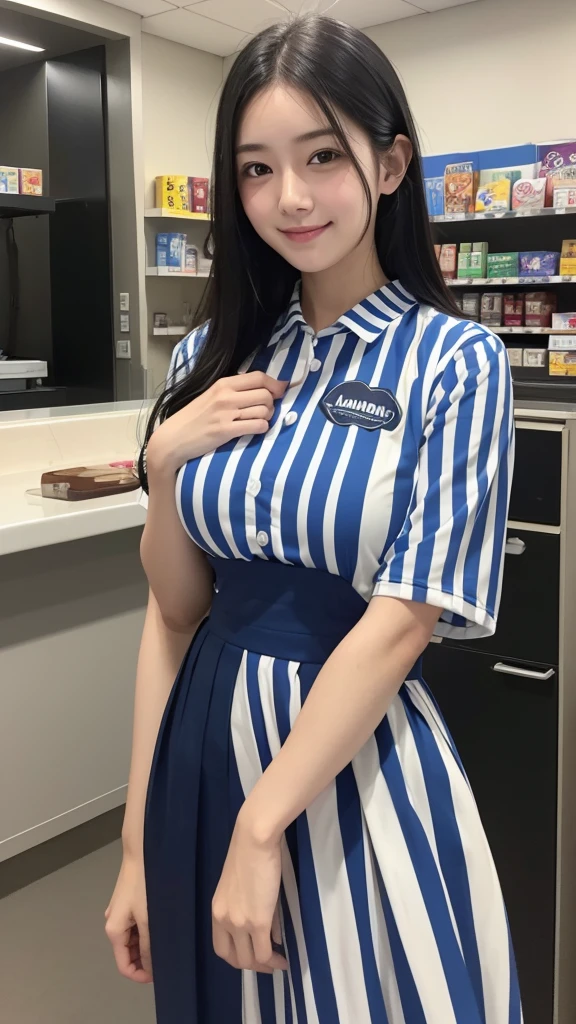 32k, RAW Photos , (highest quality, detailed:1.2), Ultra-high resolution, 22 years old , (非常に繊細でdetailed), (非常に複雑なdetailed), masterpiece, highest quality, (Shiny skin), Clear lines, Mysterious woman, Curly Hair, soft, Perfect body, Big Breasts, Cute Smile, ((Black Hair)), Bambi Face, Convenience store clerk, ((Blue uniform)), ((Light blue and white vertical stripes)),