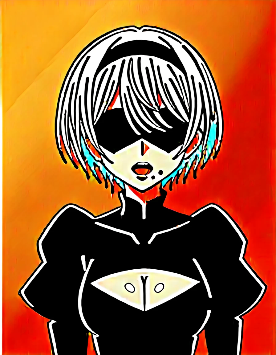 score_9, score_8_superior, score_7_superior, sauce_anime, 2b, 2b, Yoruhano. 2 Type B, short hair, Gray Hair, hair band, Mole, black hair band, Mole under mouth, Blindfold, eyes covered, black Blindfold, gloves, Long sleeve, dress, Puffy sleeves, black dress, Clothing cutouts, Cleavage cutout, Juliet Sleeve, A girl is grabbed by a boy's head and is giving him a blowjob,1boy,penis,fellatio,blowjob,grab the head,grab the back of the head,forcibly,nsfw,1 boy,,bukkake cumshot cum